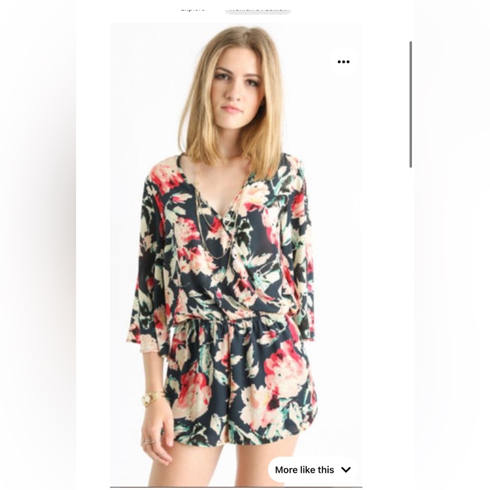 Abbeline Stella Floral Rose Watercolor Print 3/4 Sleeves Romper
